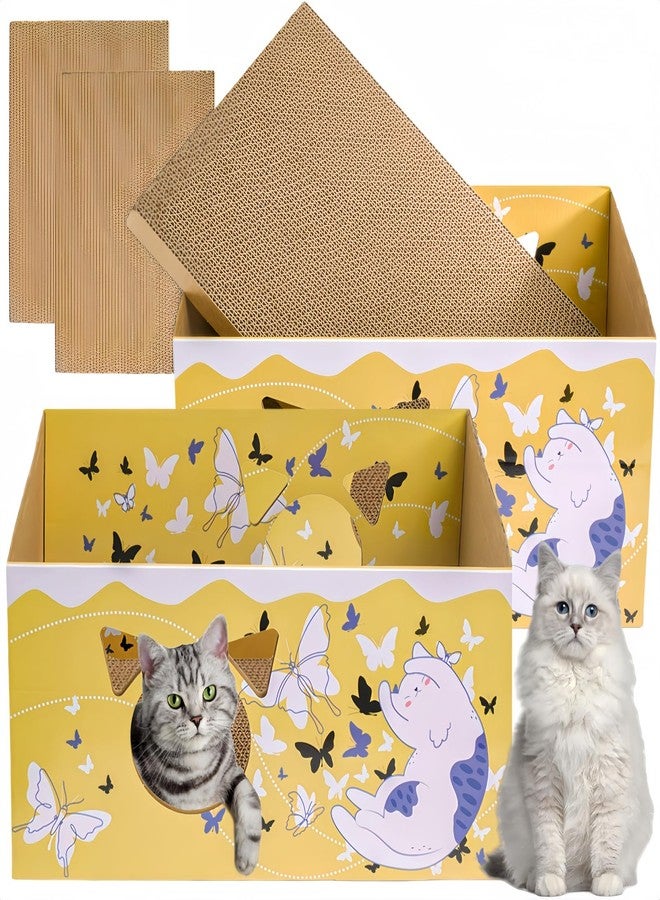 Tlence 2 Pack Cardboard Cat Scratcher Boxes, 16.5 Inch Heavy Duty Cat Scratching Bed, Large Kitten Lounger with Double-Sided Scratch Pad, Hideaway House with Interactive Hole for Indoor Cats - Image 1